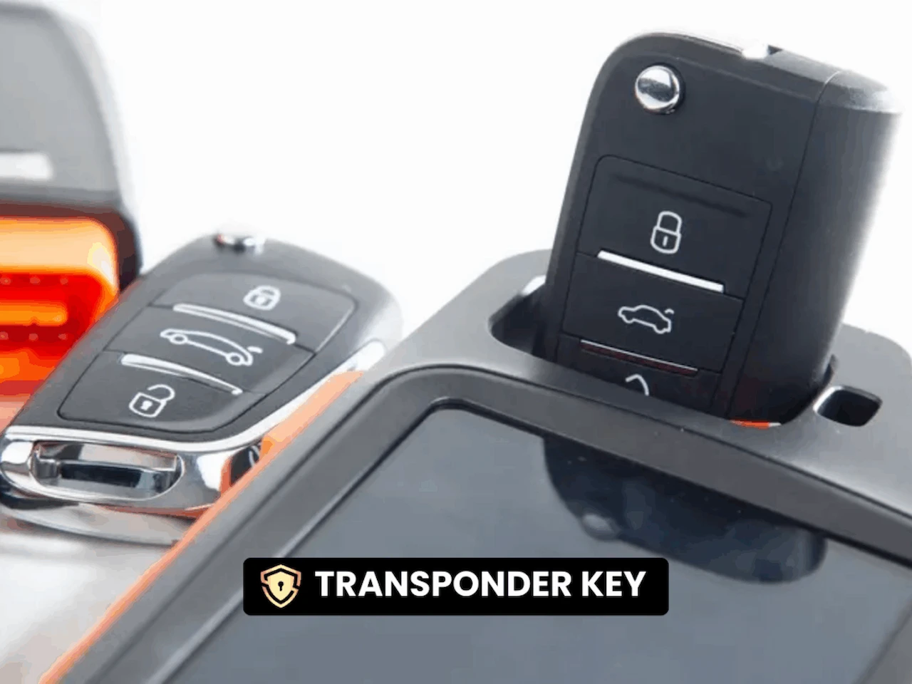 A close-up of a modern car transponder key alongside a remote key fob, displayed on a flat surface with part of a vehicle visible in the background. The image highlights automotive locksmith services such as transponder key programming, replacement, and electronic key solutions.