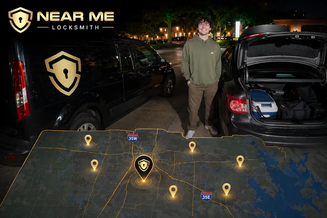 Mobile locksmith technician with service area map and location pins at night.