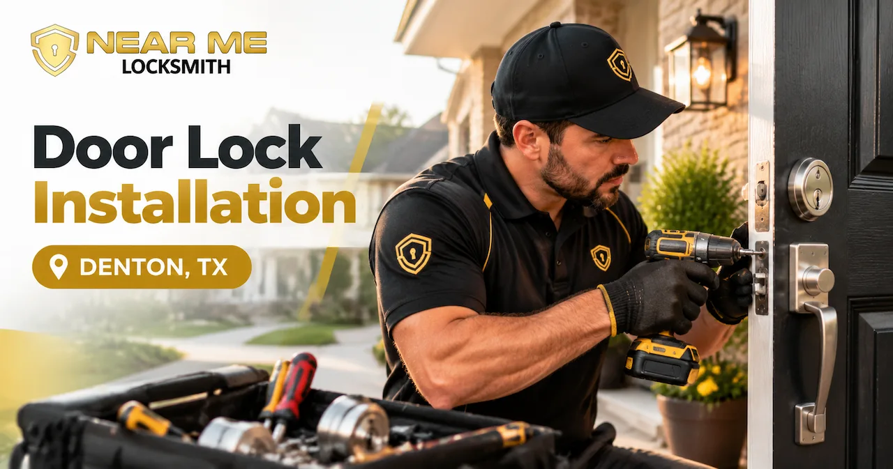 Near Me Locksmith technician installing a door lock for Denton TX homeowners