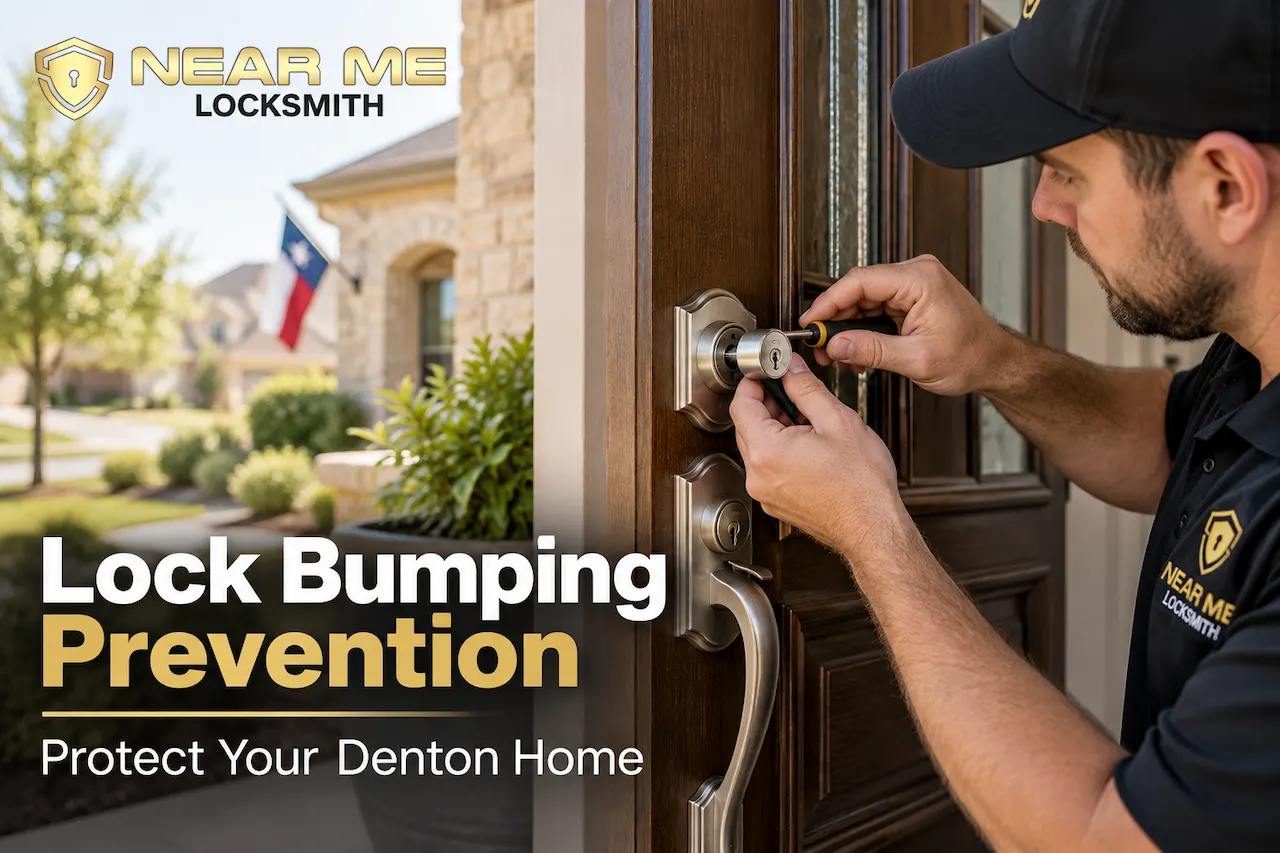 Professional locksmith inspecting a residential deadbolt for lock bumping prevention
