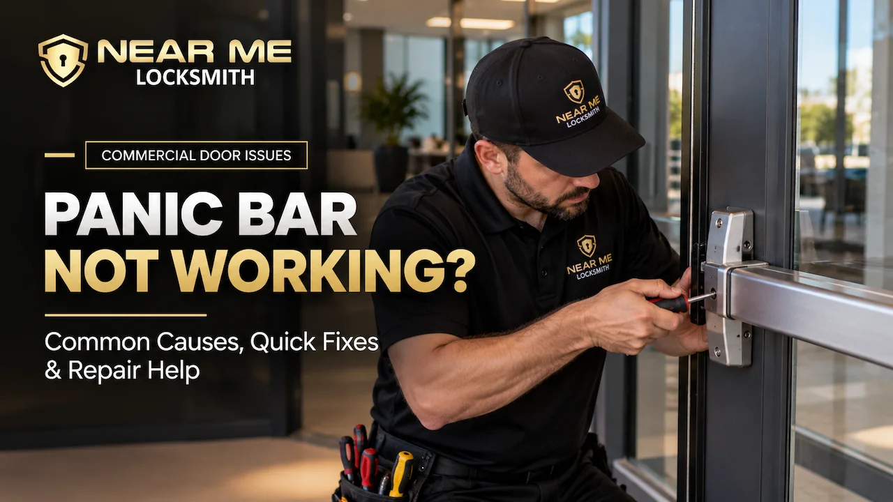 Near Me Locksmith technician repairing a malfunctioning commercial door panic bar at a business entrance in Denton, TX.