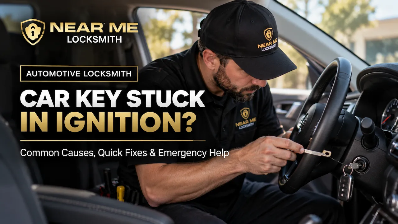 Professional automotive locksmith fixing a car key stuck in the ignition in Denton, TX.